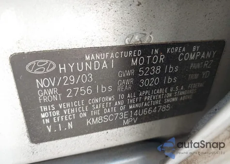 2004 Hyundai Santa Fe Gls/Lx z USA, uszkodzony, nr VIN KM8SC73E14U664785